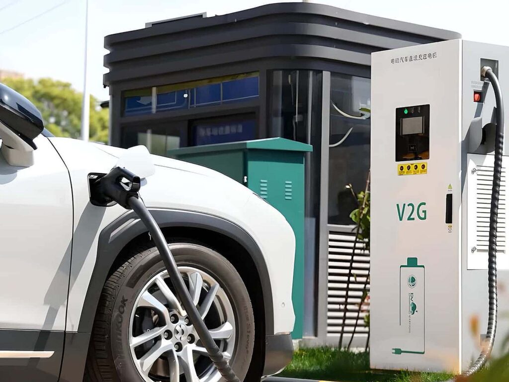 Chineses lucram com carros elétricos ao fornecer energia para a rede elétrica Estação de carregamento com sistema Vehicle-to-Grid (V2G). Crédito: Divulgação.