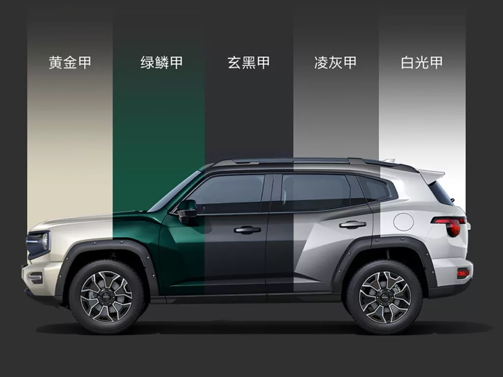 As cinco opções de cores para a carroceria do GWM Haval Big Dog Plus. Crédito: Divulgação.