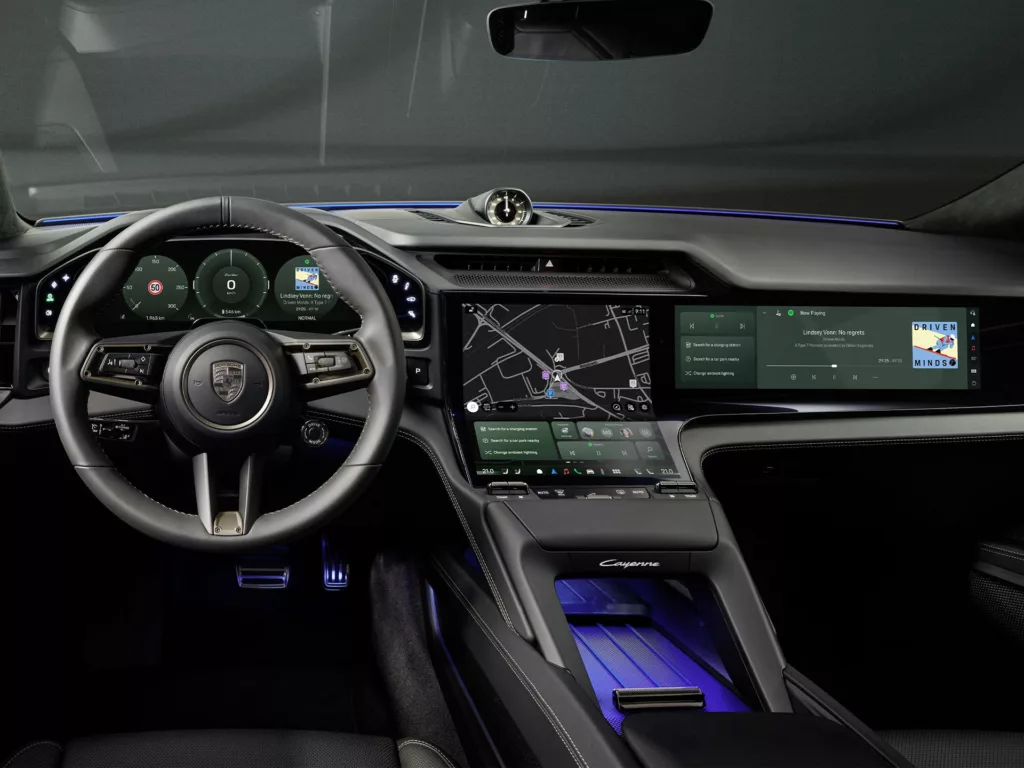 Cayenne Electric mostra como será o interior dos futuros Porsche Porsche Cayenne Electric. Crédito: Divulgação.